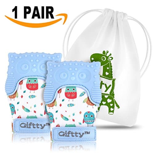Two Baby Teething Mittens by Giftty, Soothing Teether Mitt &amp; Teething Pain Relief Toy, Prevent Scratches Glove, Cute Animal Owl Collection, Unisex for 0-9 months Baby (2-mittens, 1 Travel bag, Blue)