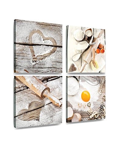 Love Baking Modern 4 Pieces 4x 30x30cm Stretched and Framed Canvas Wall Art Pictures Paintings on Canvas Wall Art for Kitchen Home Decorations