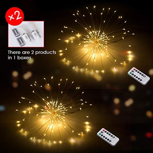 FANLA LED Starburst String Lights 2-Pack Bouquet Shape 120 LED Silver Wire Firework String Lights Waterproof 8 Modes Dimmable with Remote Control Fairy Twinkle Light for DIY Party Tree (Warm White)