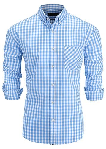 GoldCut Men 100% Cotton Slim Fit Long Sleeve Button Down Plaid Dress Shirt