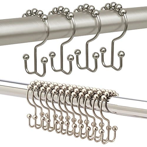 Bathroom Shower Curtain Rings Hooks With Double Glide And Round Rollers, 12 of Pack (Brushed Nickel)