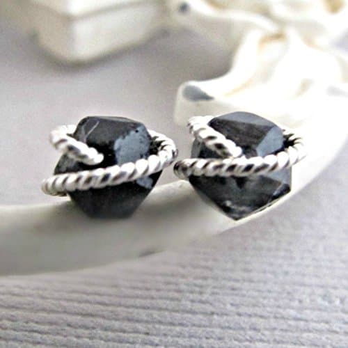 Black Quartz Earrings, Raw Quartz Studs, Diamond Cut Earrings Studs, Sterling Silver, Rough Quartz Earrings, Crystal Earrings, Quartz Studs