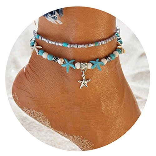 CHRAN Starfish Sea Turtle Anklets Multi Layered Turquoise Stone Beads Boho Beach Charm Anklet for Women