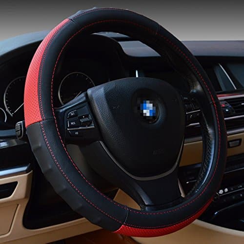 Universal 38cm Microfiber Leather Splicing Auto Car Steering Wheel Cover Breathable Skidproof Ergonomic Design Comfort Hand Grips (Black/Red)