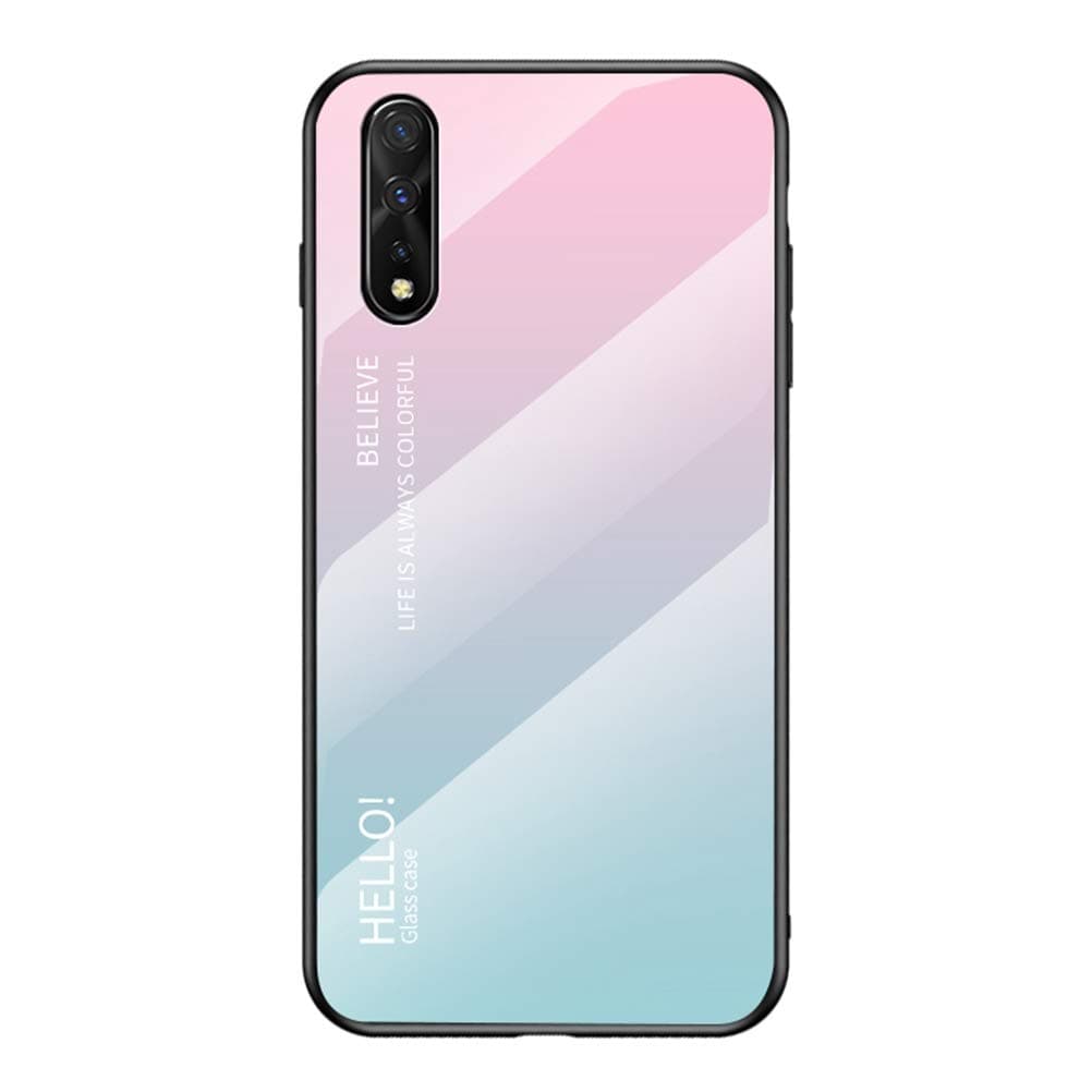 YEESOON Vivo V17 Neo Case, Fantastic Gradient Change Color Case Tempered Glass Backplane Soft TPU Bumper Back Cover for Vivo V17 Neo - Pink+Blue