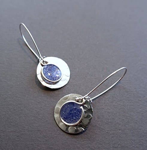 Handmade Lightweight Silvertone Small Cobalt Blue Round Disc Drop Earrings Beads by Bettina