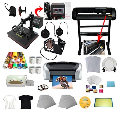 Techtongda 24'' Vinyl Cutter Plotter 5In1 Heat Press Machine Epson C88 Printer CISS Vinyl Mug Plate Tape Beginning Business Bundle