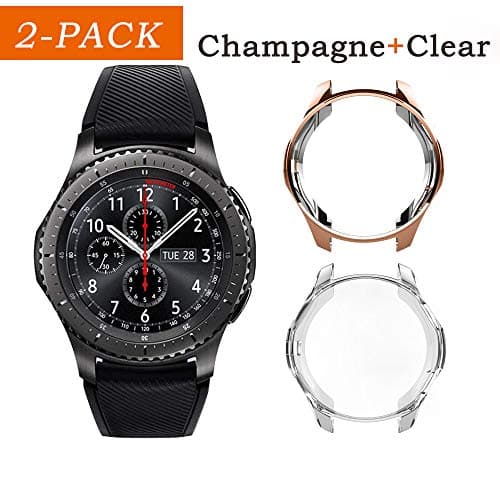 Uborui TPU Scractch-Resist Cover Protective Bumper Shell Protective Band for Samsung Gear S3 Frontier SM-R760 Case/Samsung Galaxy SM-R800 Watch Case 46mm,Clear+Champagne(2 Pack)