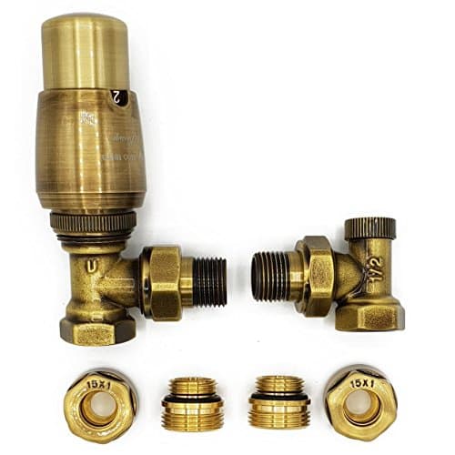 Angled Version with Copper (Cu) Connectors Elegant Antique Brass Thermostatic Lockshield Valve Radiator Set