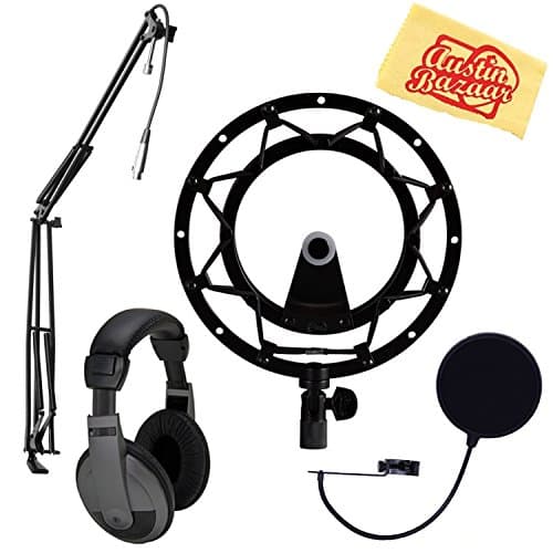 Blue Radius II Shock Mount for Yeti and Yeti Pro Microphones - Blackout Bundle with Pop Filter, Boom Arm, Headphones, and Austin Bazaar Polishing Cloth
