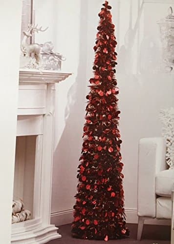 5 ft Collapsible Tinsel Tree: Pop-Up Slim Decorative Tree (for Christmas, New Years, and Year-Round!) Red and White with Red.