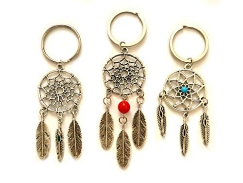 3 pcs Silver Stone Pendant Feather Dream Catcher Charm Pendant Key Chain Ring Gift