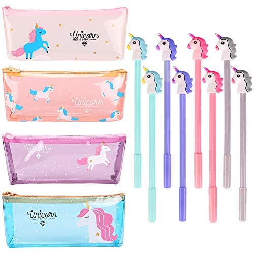 4 Pack Unicorn Pencil Case with 8 Pcs Unicorn Gel Pens Pencil Box Holder Pouch Unicorn School Supplies Unicorn Gifts for Kids Girls Boys Teens