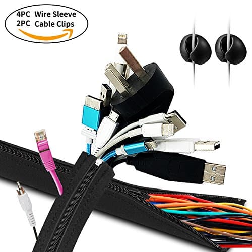 Cable Management Sleeve Cord Management System for TV / Computer / Home Entertainment, 19 - 20 inch Flexible Cable Sleeve Wrap Cover Organizer, 4 Piece - Black and Give 2 USB cable clip