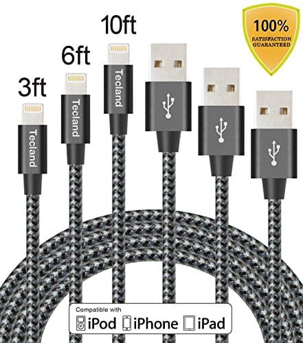 Tecland 3Pack 3FT 6FT 10FT Nylon Braided Lightning to USB Cable Cords 8 Pin Sync and Charging Cords Compatible with Apple iPhone 7/7 Plus/6s/6s Plus/6/6 Plus/5s/5c/5/SE, iPad/iPod (black gray)