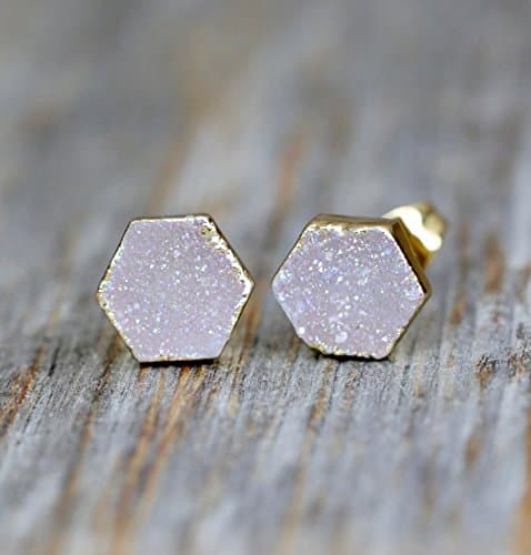 White Lilac Natural Real Druzy Gemstone Hexagon Stud Earring - Graduation Gift- 8 mm