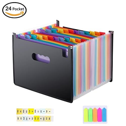 【24 Pockets Expanding File Folder Organizer】 letter size，Plastic Accordion Expandable File Folder Organizer with Expandable Wallet Stand