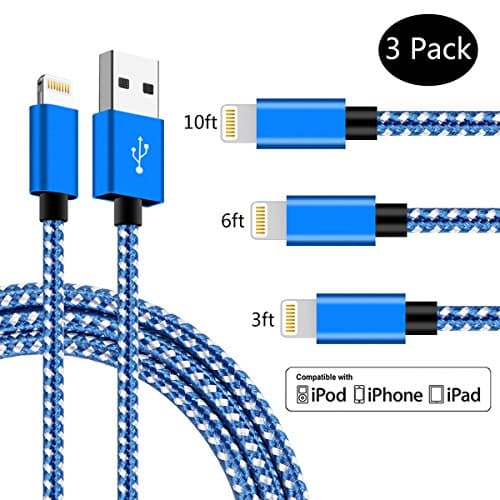 SPEATE iPhone iPad Charger Cable [3 Pack] 3.3/6.6/10FT Nylon Braided 8 pin LIGHTNING to USB A Charging Cord for Apple i7/7 Plus 6/6s Plus 5, iPad Pro Air 2 mini 4 3 2, iPod touch 5th 6th nano 7th gen