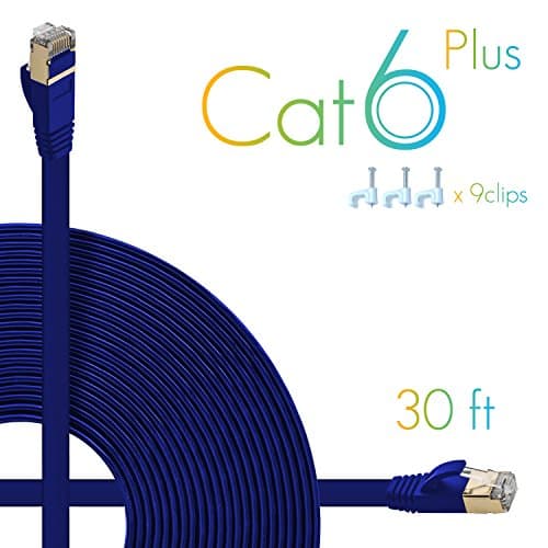AOFORZ - Ethernet Cable Cat6 Plus 30ft - Blue Flat High speed Internet Network cable with Cable Clips - Computer Cable With Snagless Rj45 Connectors - 30 feet Blue (10 Meters)