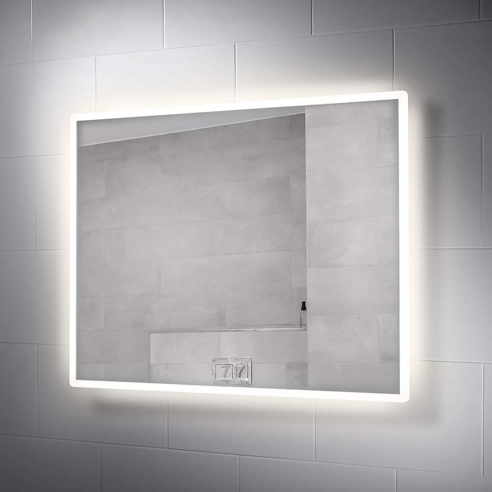 Pebble Grey 28 x 36 Inch Bathroom Vanity Mirror with LED Illuminated Lights and Demister for Anti-Fog | Wall Mounted