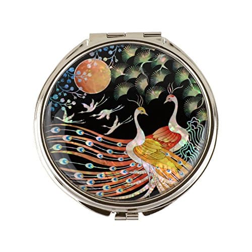 Round Compact Magnifying Make up Double sided Mirror Mother Of Pearl Art Peacock
