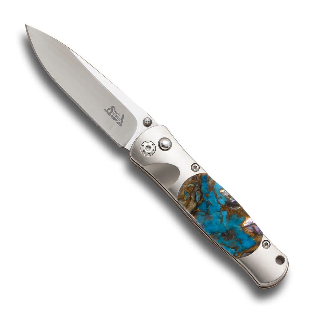 Santa Fe Stoneworks Tesoro Titanium 2-3/4-inch Pocket Knife with VG-10 Blade, Turquoise/Abalone/Bronze