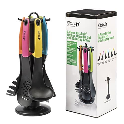 Heat Resistant Kitchen Utensils Set – 6 Piece Dishwasher-Safe, Rust-Free Cooking Spoons That Won’t Discolour - Durable Nylon Heads and Smart Colourful Silicone Handles – Rotating Countertop Stand