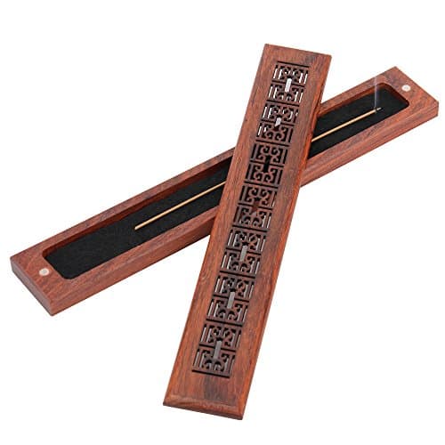 Incense Stick Holder and Equipped with Fireproof Cotton for Burning Out Safely, Redwood Handmade, Design Magnet Switch and Cover Carved Pattern, Size:9.53x1.38x0.87 Inches (Auspicious Models)