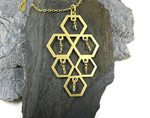 Unique Pendant Necklace, 14K Gold Plated Statement Beaded Hexagons Beehive Bohemian Necklace, Artisan Handmade Urban Style Jewelry