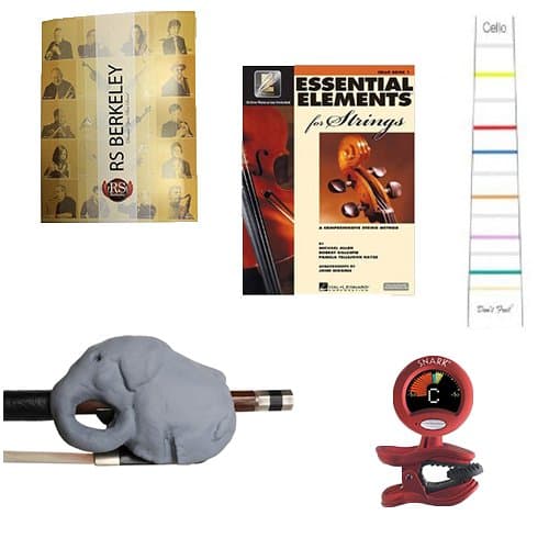 Cello Players Instructional Pack (For 4/4 Full Size Cello)- Essential Beginners Pack for the Cello Includes: Grey Cellophant Bow Hold Cello Teaching Aid, Don't Fret Position Indicator for 4/4 Size Cello, Band Folder, Essential Elements 2000 Book 1 for Cello, &amp; Tuner &amp; Metronome