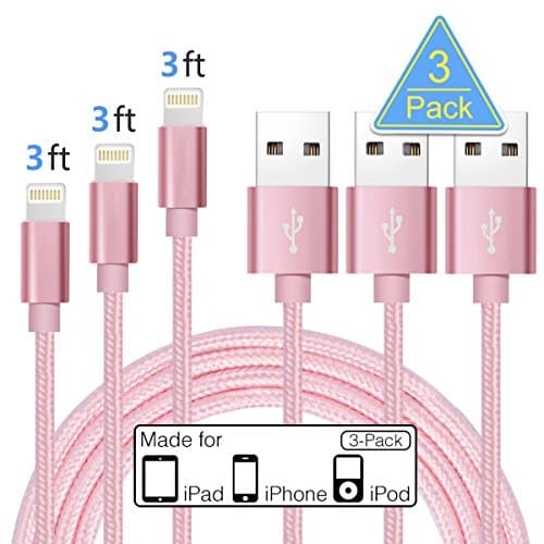 Lightning Charger, Mushion 3 Pack 3.3FT iPhone Charger Durable Nylon Braided Cord Lightning to USB Cable Charger for Apple iPhone 7/7 Plus/6/6s/6Plus/6s Plus/5/5s,iPad iPod iPod Touch(3 PACK-Pink)