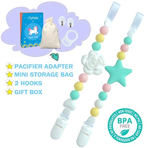 Baby Silicone Pacifier Clip and Teether Holder - Girl's Binky Holder - Best for Teether Toys, Stuffed Animals, Soothie/MAM, Infant Blankets & Drool Bibs, Set of 2 Chewable Pacifier Straps with Roses &