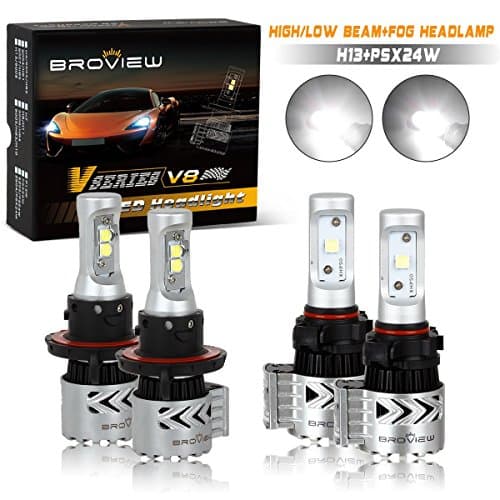 (4PCS)Broview Headlight Combo Head lamp High/Low Beam H13 9008 w/Fog Driving Bulbs Cree PS24W 5202 12000LM White Cree Kit