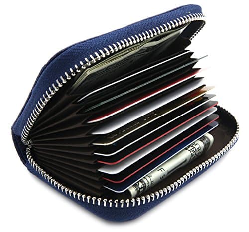 RFID Blocking Genuine Leather Credit Card Case Holder Security Travel Wallet with ID Window - Blue (Ver.2)