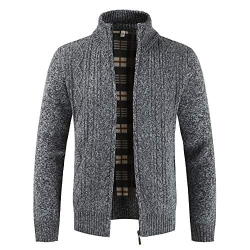 HARRYSTORE Mens Casual Stand Collar Slim Full Zip Thick Cable Knitted Cardigan Sweaters with Pockets