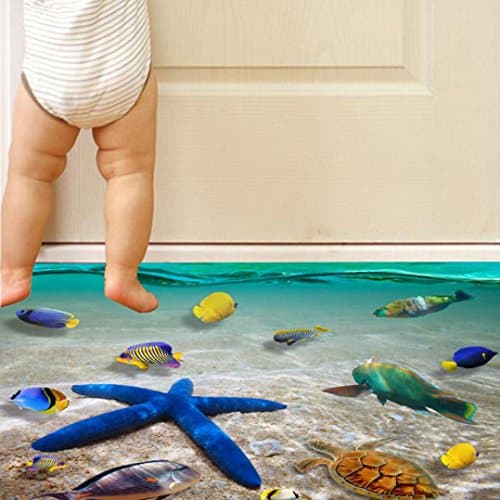 Quistal 3D Floor Wall Sticker Removable Beautiful Beach Mural Decals Vinyl Anti-slip Waterproof Art For Living Room Bathroom Decoration (A)