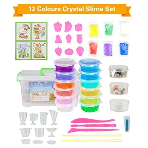 OffKits 12PCS Crystal Slime Clay,Slime Making Kit Clear Putty Mud Toys for Children Kids Including DIY Moulds and Straws and Storage Box By (12PCS)
