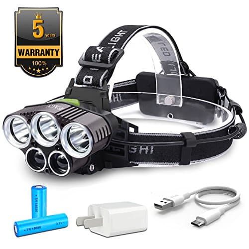 Super Bright 6 Modes LED Headlamp, Rechargeable Waterproof Focus Headlight 5000 Lumens Head Torch, Adjustable Flashlights Hard Hat Light, for Camping Hunting Hiking Running Walking Cycling Outdoors Li