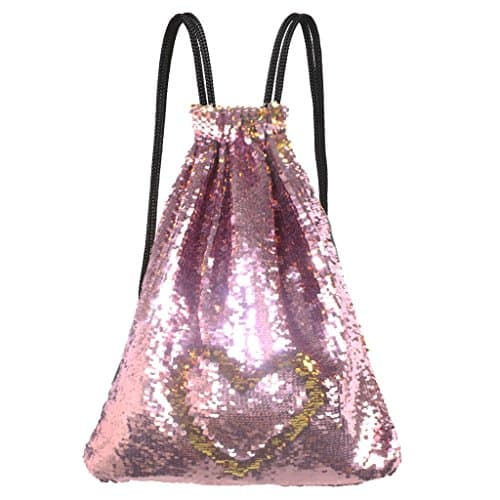 Wildest Candy Shiny Mermaid Reversible Sequin Bag Drawstring Backpack for Girls (Pink/Gold)