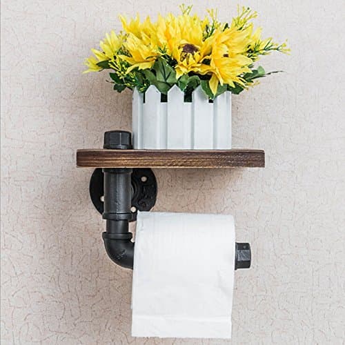 Toilet Roll Holder MULTAGFY Industrial Style Pipe Design, Wall Mount Bathroom Tissue Paper Holder with Wooden Storage Shelf(Vintage Style)