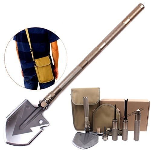 Military Folding Shovel and Pick with Carrying Pouch, Multi Purpose for Camping, Hiking, Backpacking, Gardening - Tactical Army Entrenching Tool, Trench Shovel, Survival Steel Spade (Golden)
