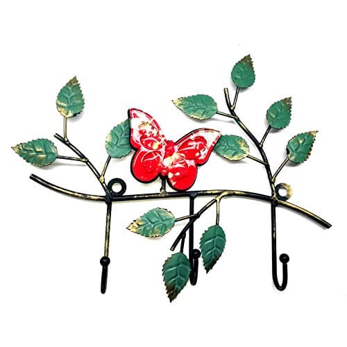 JMM Decorative Metal Key Rack Wall-Mounted Key Holder/Hook Hanging Storage for Entrance Door,With 3 Heavy Duty Hooks,Black (Red Butterfly and Tree leaves)
