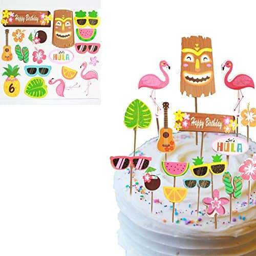 Luau Party Glitter Cupcake Topper Sticks 18 Different Styles (36 pcs Total) Hawaii Tropical Summer Party Decorations Supplies