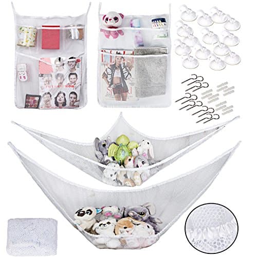 Toy Hammock Organizer [2 PACK] - Plus! Bath Tub Toy Organizers [2 COUNT] - Bonus! Shower Hooks [1 Dozen] Double the organization of your kid's toys both in the bathtub and the play room!