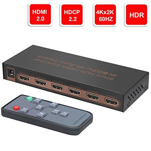 4K@60Hz 5 ports HDMI Switch, YIBAI 5 inputs 1 output HDMI Switch Box with IR Wireless Remote HDMI 2.0,HDCP 2.2,UHD,CEC,HDR HDMI Switcher 5x1 Supports FullHD,3D,For Blu-ray players,PS4, and more.