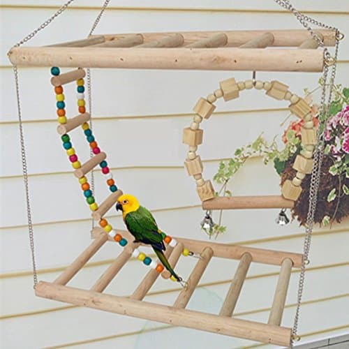 Bird Wood Double Perch Ladder Bendable Ladder and Swing Perch Sets Toys for Bird Parrot Macaw African Greys Budgies Parakeet Cockatiel Cockatoo Conure Lovebird Finch Perch (A: 7.87in*3.93in*7.87in)