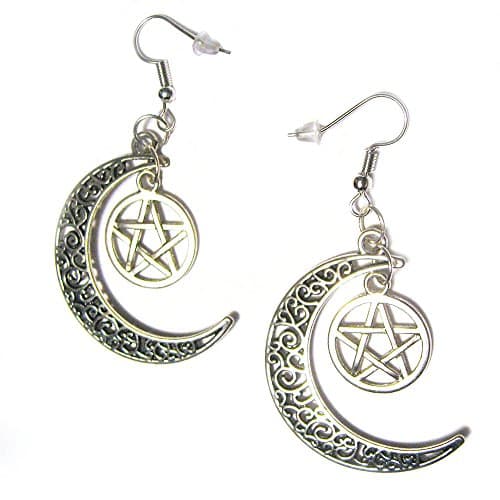 VanillaTron Crescent Moon with Pentagrams Silver Plated Hook Charm Earrings Witchy Gothic