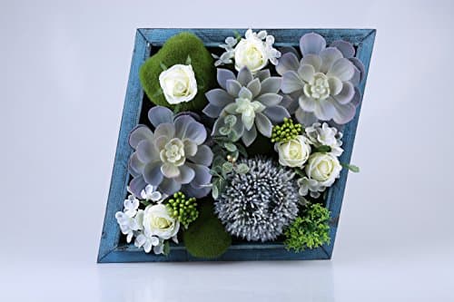 Jintano 3D Artificial Flowers Wall Hanger Succulent Plants Moss with Blue Frame Home Decor