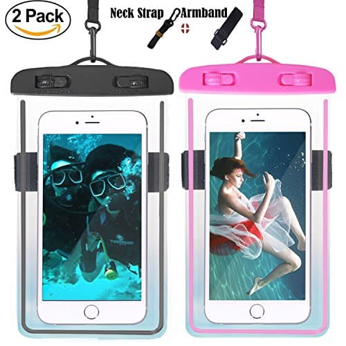 Universal Waterproof Case, 2 pack Waterproof Phone Pouch Dry Bag with Armband &amp; Neck Strap for iPhone X 8 8Plus 7 7Plus 6 6SPlus, Samsung Galaxy S9/S9 Plus/S8 Plus/Note 8 6 5 up to 6.0" (Black&amp;Pink)