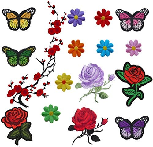Comfun 16 Pieces Iron on Rose Patch Flower Butterfly Applique Embroidery Floral Applique Patches for Jeans, Jackets, Bags, Shoes